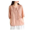 Cotton linen Japanese and Korean five quarter sleeve T-shirt for summer 2024 new style mom outfit V-neck heavy embroidery women's clothing. 