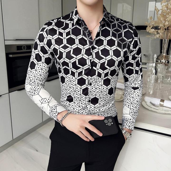 Mens Slim Fit Social Formal Dress Shirts High Quality Printed Long Sleeve  Shirts New Fashion Male Men Club Party Dress Clothing