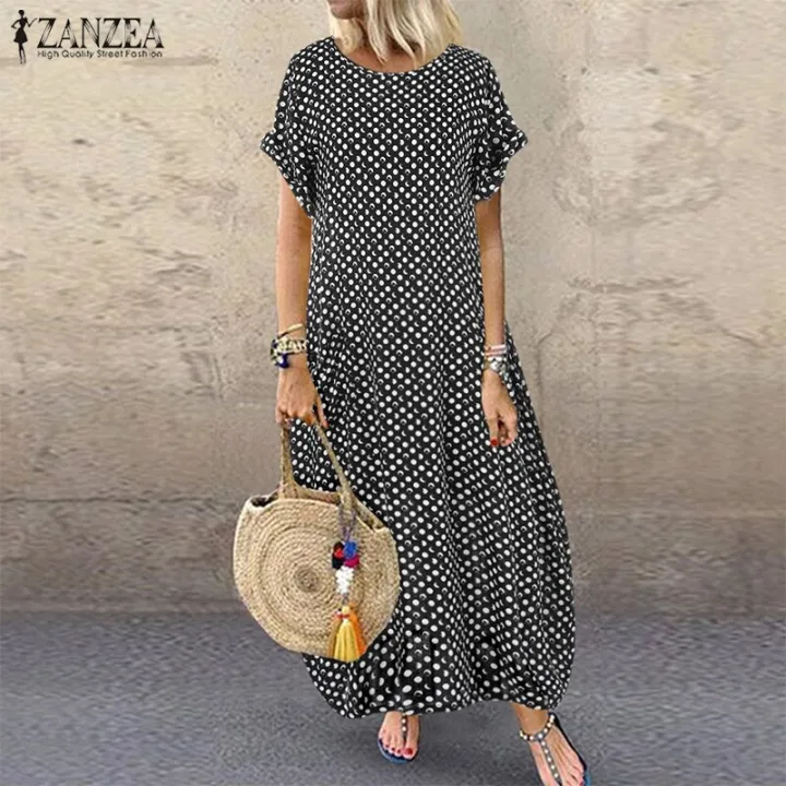 Fashion%20Summer%20Printed%20Dress%20Women's%20Sundress%20ZANZEA%202021%20Short%20Sleeve%20Tunic%20Maxi%20Vestidos%20Female%20Casual%20Polka%20Dot%20Robe%20Oversize%20-%20Image%205