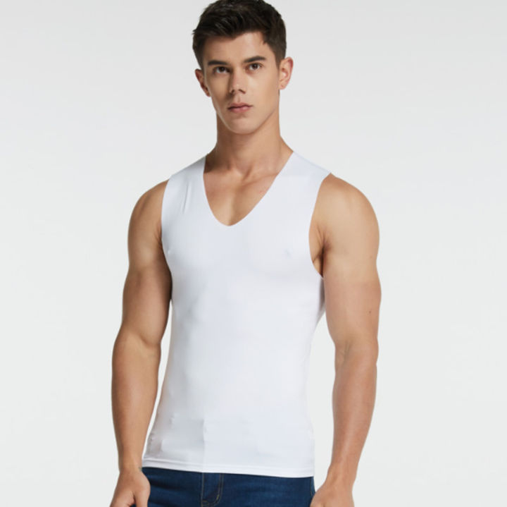 Men's%20Ice%20Silk%20Seamless%20Vest%20Summer%20Young%20Men%20Solid%20Color%20Stretch%20Sports%20Quick%20Dry%20Wide%20Shoulder%20Thin%20V-Neck%20Base%20Shirt%20-%20Image%202