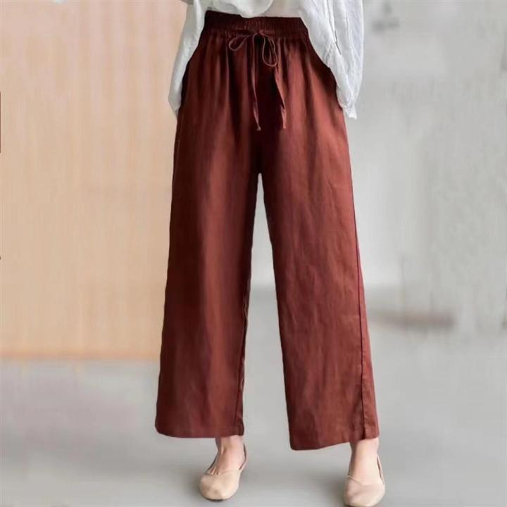 【Zihe】Linen Wide-Leg Pants Straight High Waist Solid Color Casual Pants Loose and Elastic Cropped Summer Versatile Ladies