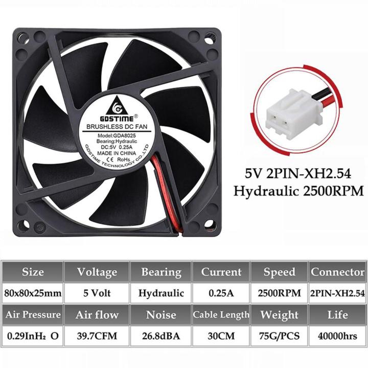 Gdstime DC 5V 12V 24V 48V 80mm 8025 Computer Case Fan 80x80x25mm PC Case CPU Brushless Cooling Fan Hydraulic/Dual Ball Radiator-5V Hydraulic XH2.54-1Pcs 8025 fan