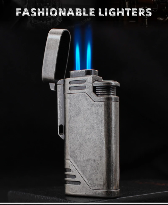 PL139-4 Creative Double Fire Jet Flame Lighter Metal Windproof Blue ...