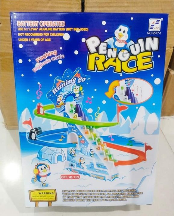 Penguin Race Set with Flashing Lights & Music On/Off Button for Quiet Play, Jolly Penguin Slide Playset