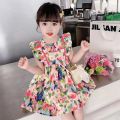 1-7 Year Baby Girl Summer Dresses Flower Print Princess Skirt Fashion Kids Flying Sleeves Dress Children Thin Cotton Clothes 원피스. 
