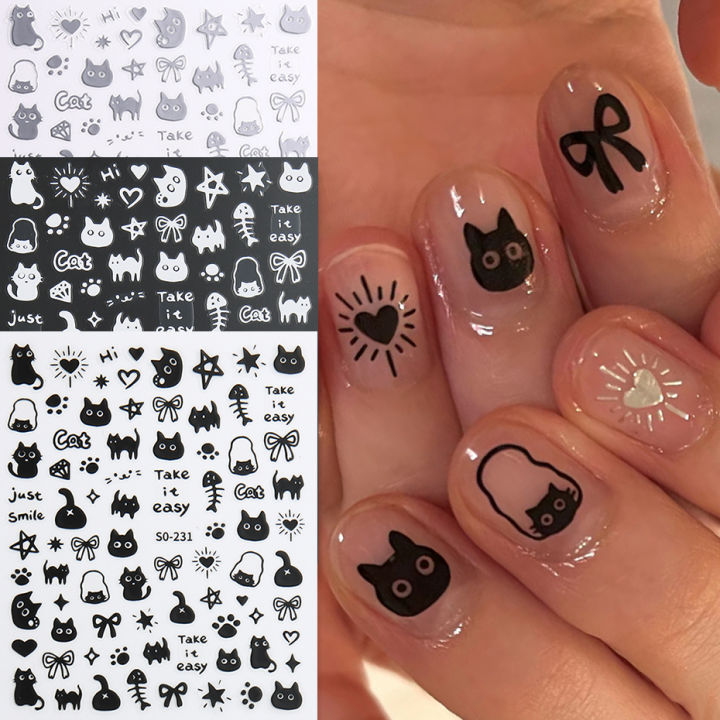Cartoon Black Cats Nails Sticker Graffiti Painting Cute Kitten Black White Gold Silver Color Design Decals Nail Art Decor SO231