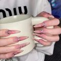 Super Cool y2k Nails Press On Long Stiletto Nail Art Silver Flame Blush False Nails With Designs Full Manicure Nail Tips.