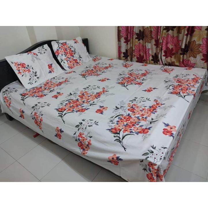 Cotton Print 7.5/8.5 Feet Double King Size Bad sheet Set With Two ...