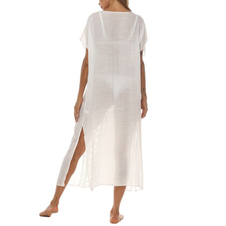 V-Neck%20Hollow%20Out%20Cover%20Up%20Woman%20Swimsuit%20Side%20Split%20Short%20Sleeve%20Beach%20Midi%20Dress%202023%20Ladies%20Knit%20Bikini%20Cover-Ups%20Dress%20-%20Image%202