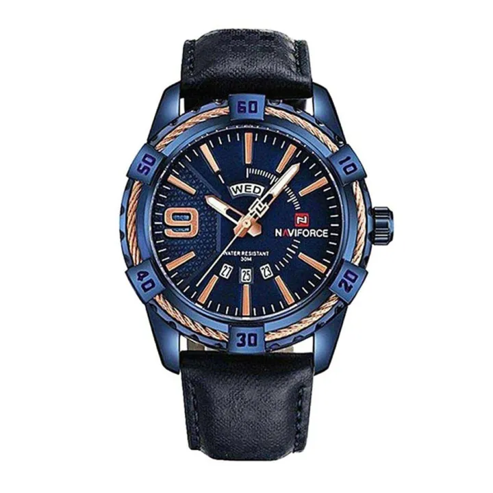Naviforce NF9117 - Black PU Leather Analog Watch for Men - Royal Blue & Black