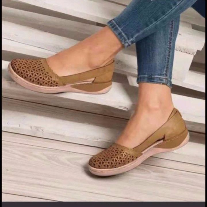Cross Border Plus Size Sandals Women's 2021 Spring Summer British Breathable Cutout Slip-On Flat Loafer Women's Sandals In Stock