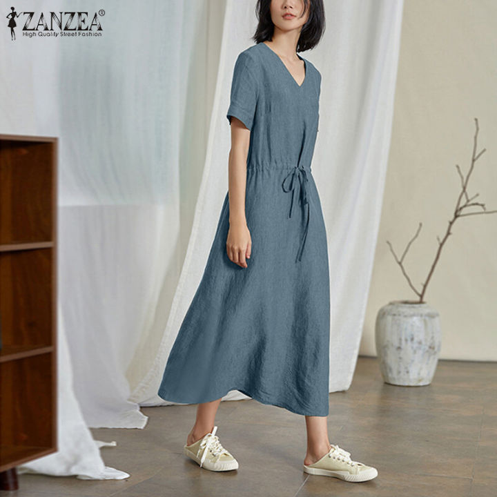 ZANZEA%20Korean%20Style%20Women%20Casual%20Short%20Sleeve%20Maxi%20Dress%20V%20Neck%20Drawstring%20Waist%20Side%20Pockets%20Dresses%20#8%20-%20Image%202