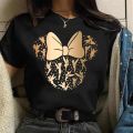 Disney Gold Micky Head Women's Casual 100% Cotton T-shirt Mickey Mouse High-Quality Print Fashion Top Cartoon.