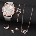 5PCS/Set Fashion Women Watches Rhinestone Heart Jewelry Set Geneva Watch Female Leather Band Quartz Watch（Without Box）. 