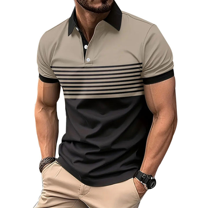 Men Summer New Fashion Short Sleeve Sport Lapel Casual Button Polo Shirt .
