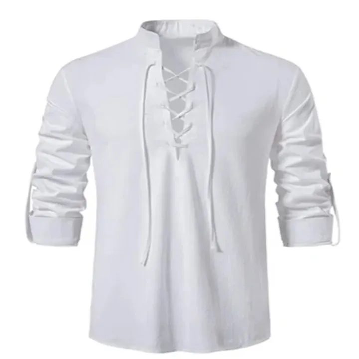 2022%20New%20Men's%20V-neck%20shirt%20T-shirt%20Fashion%20Vintage%20Thin%20Long%20Sleeve%20Top%20men%20Casual%20Breathable%20Front%20Lace%20Up%20man%20Shirts%20-%20Image%203