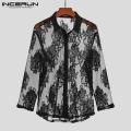 Men Mesh Shirt Lace Lapel Long Sleeve 2023 Transparent Streetwear Camisas Fashion Party Nightclub Shirts Men S-5XL INCERUN. 