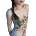 Women Summer Retro Corset, Flower Print Spaghetti Strap Low-Cut Sleeveless Bandage Crop Tops for Girls.