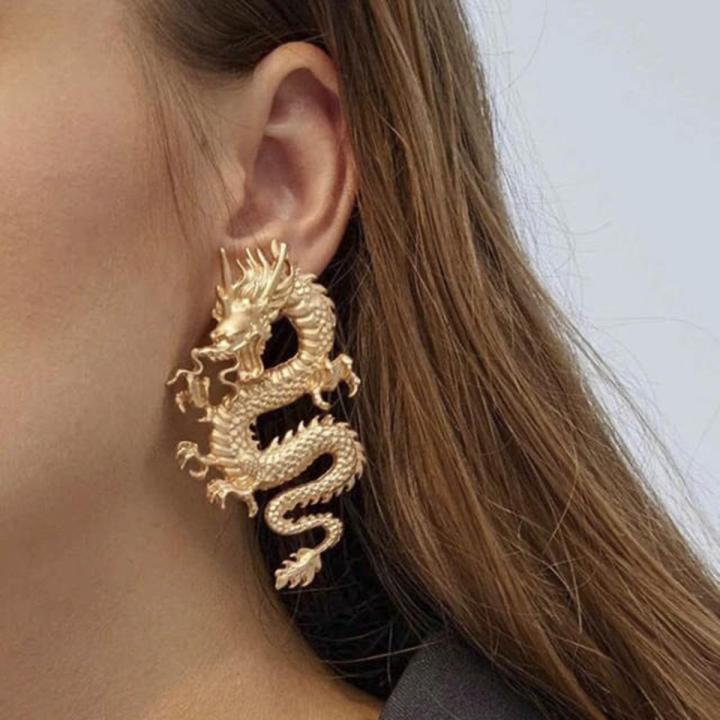 New Punk Gold Dragon Stud Earrings For Women Unique Chic Metal Dragon Statement Earrings Jewelry For Girl