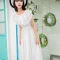 Women's Summer Beach Style Chiffon White Long Dress Lady Graceful Fairy Layers Ruffles Off-Shoulder Dresses Evening Party Gown.