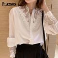 PLAZSON Summer Women Blouse Lace Patchwork Chiffon White Shirt Long Sleeve Button Elegant Office Lady Tops Korean Style Clothes.