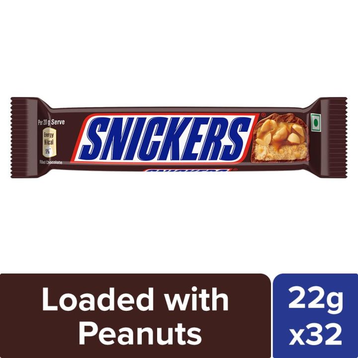 Snickers Peanut Chocolate Bar 22g Pack of 32   NET WEIGHT 704g