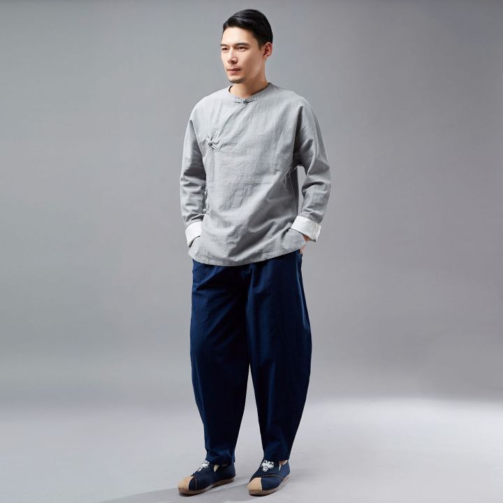 New%20Round%20Neck%20Pulling%20Sleeves,%20Ramie%20Men's%20Long%20sleeved%20Top,%20Ma%20Fan%20Cloth,%20Ethnic%20Style,%20Solid%20Color%20Tang%20Dress%20-%20Image%203