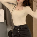 Autumn and Winter New Square Collar Long Sleeve Bottoming Shirt Women's Sweater Solid Color Slim Fit Gentle Hot Girl Fake Two-Piece Knitted Top. 