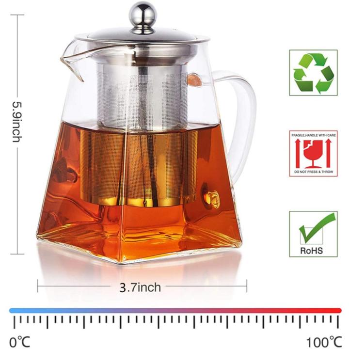 500ml & 900ml Square Glass Teapot for One with Heat Resistant Stainless Steel Infuser, Perfect for Tea and Coffee, Clear Leaf Teapot with Strainer Lid Gift for Your Family or Friends (Clear)