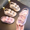 Ready Stoek kids sandal Double Bow Rhinestone sandal girl shoes soft soul Pink & Off White. 