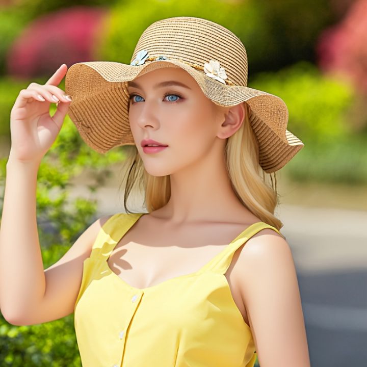 Women's Summer Beach Sun Hat With Floral Decorations, Wide