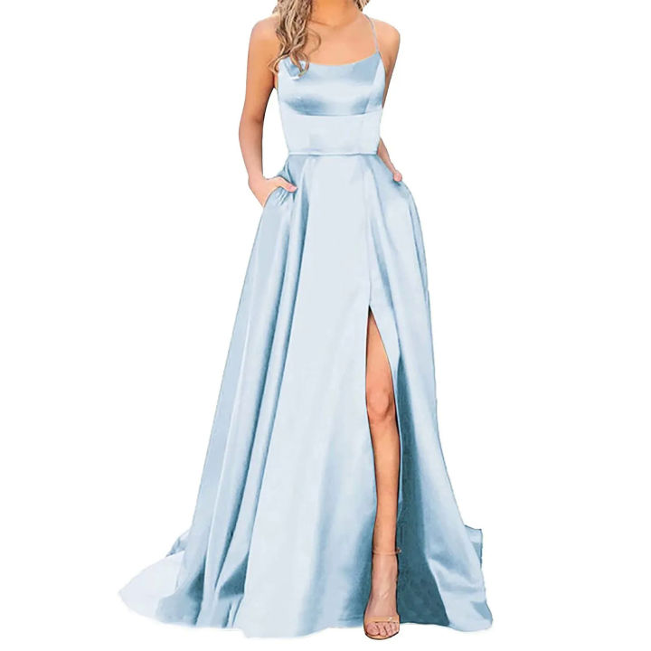 Light Blue Split Prom Long Dresses 2023 Elegant Women's Party Night Formal Maxi Evening Dress Spaghetti Straps Vestidos Robe