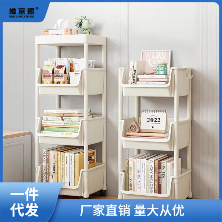 Plastic mobile bookshelf, multi-layer floor shelves, wheeled trolley storage racks, desktop storage cabinets, layered shelves