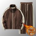 Striped Fleece Men's Sportswear Zipper Jacket + Sweatpants Tracksuit Winter Fashion Loose Unisex Jogging Suit Running Men Set. 