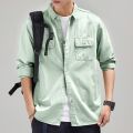 HIQOR New Mens Vintage Shirt Male Lone Sleeve Cargo Shirts 100% Cotton Casual Solid Shirt Male Pocket Work Shirt Man Clothing.