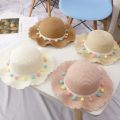 Kids Girls Large Wide Brim Straw Woven Sun Protection Beach Hat Colorful Pompom Ball Summer Floppy Bucket Cap Portable Handbag. 
