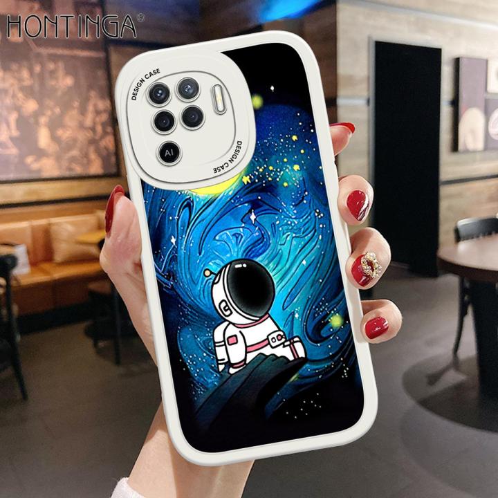 Hontinga for OPPO F19 Pro A94 Reno5 F Back Cover PU Leather Moon Astronaut Case Soft Silicone Edge Phone Cases