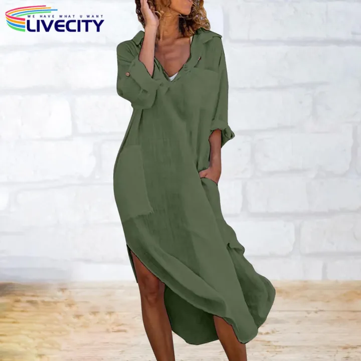 Women%20Midi%20Dress%20Summer%20V-neck%20Shirt%20Dress%20with%20Pockets%20Side%20Split%20Perfect%20for%20Beach%20Holidays%20less%20Than%20Women%20Side%20Slit%20Hem%20Dress%20-%20Image%207