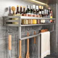 Aluminum Wall-Mounted Spice Rack Multifunctional Item Shelf Kitchen Tools Hooks Kitchen Condiment Storage Rack.