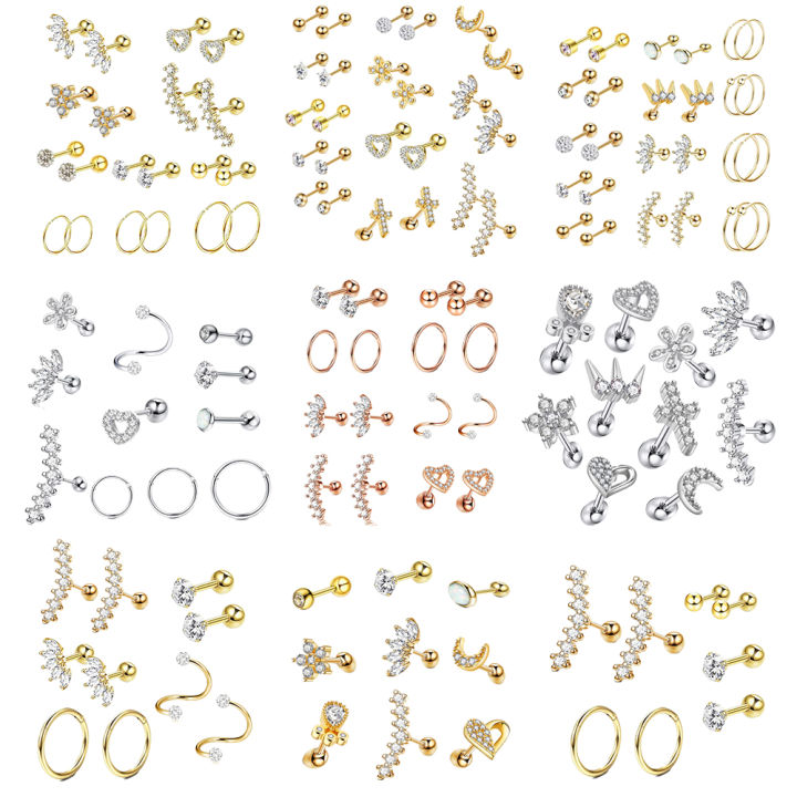 1Set Ear Bone Nail Piercing Set Cartilage Zircon Tragus Nose Lip Rings Helix Barbell Stud Earring Hypoallergenic Pircing Jewelry