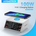 ASOMETECH 100W USB C Fast Charger Station,4 QC3.0 + 4 PD3.0 PPS + Wireless Charging,9 in 1 USB Charger For Samsung iPhone iPAD. 