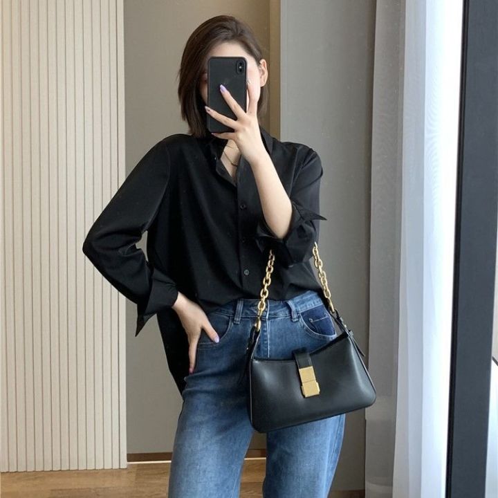 Black%20Shirt%20Women's%20Long-Sleeved%20Spring%20and%20Autumn%20French%20Design%20Feeling%20Light%20Mature%20Wind%20Exquisite%20Stacked%20Loose%20Temperament%20Professional%20Shirt%20-%20Image%204