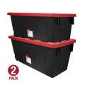 50 Gallon Snap Lid Wheeled Plastic Storage Tote, Black Base/Red Lid, Set of 2. 