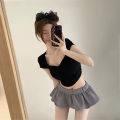 Summer Hottie Hollow Backless T-shirt Women Square Collar Short Sleeves Crop Top.
