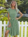 Women Polka Dot Print Vestido summer Elegant High Waist Short Sleeve Midi Dresses 2023 Beach Casual Floral Pleat A-line Sundress. 