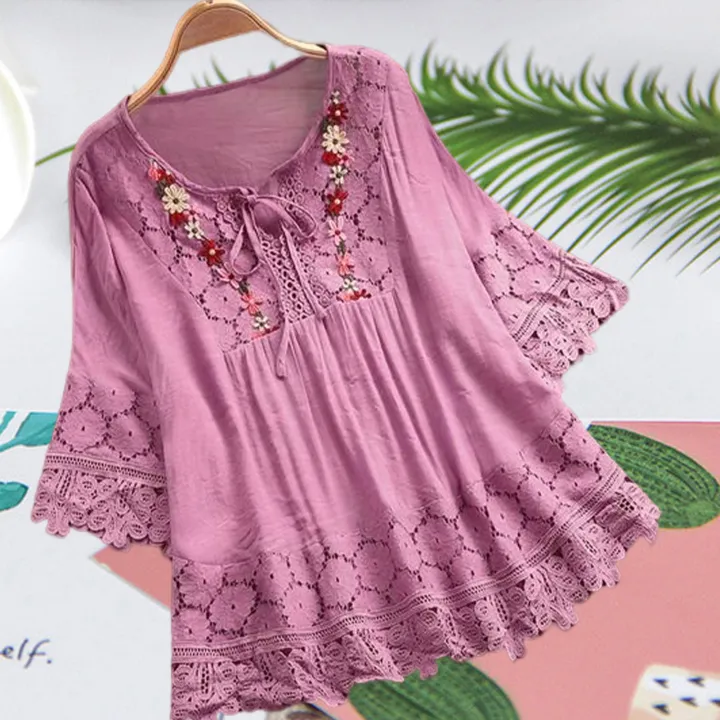 Sunnyheart%20Summer%20Shirt%20V-Neck%20Sweet%20Flower%20Decoration%20Hollow%20Lace%20Patchwork%20Blouse%20-%20Image%207