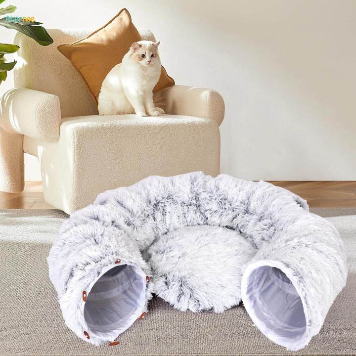 Cat Tunnel Bed, Cat House Collapsible Interactive Toy, Dog with Ball, Tube Gray