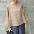 ZANZEA Womens Vintage Cotton Plain Basic Tee Blouse Simple Casual Flare Long Sleeve Tops #8. 