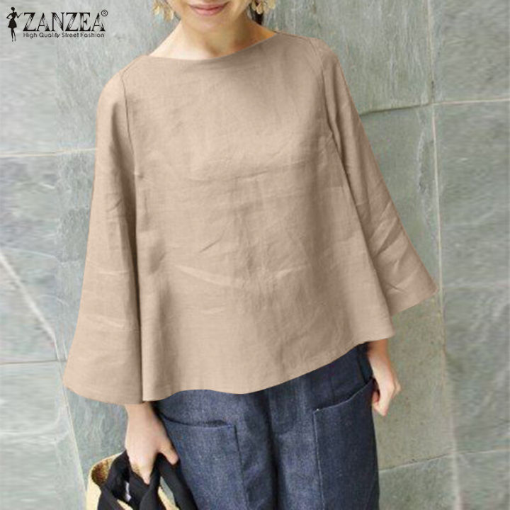 ZANZEA Womens Vintage Cotton Plain Basic Tee Blouse Simple Casual Flare Long Sleeve Tops #8