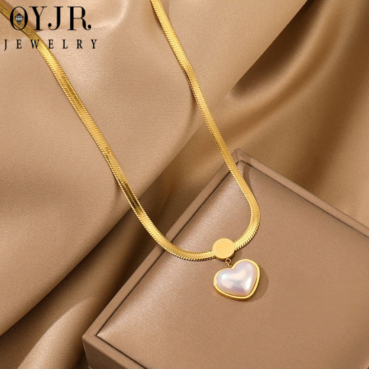 OYJR Love Heart Pearl Necklace Charm Kwintas for Women Stainless Steel Pendant Necklaces Aesthetic Chain Choker Gift